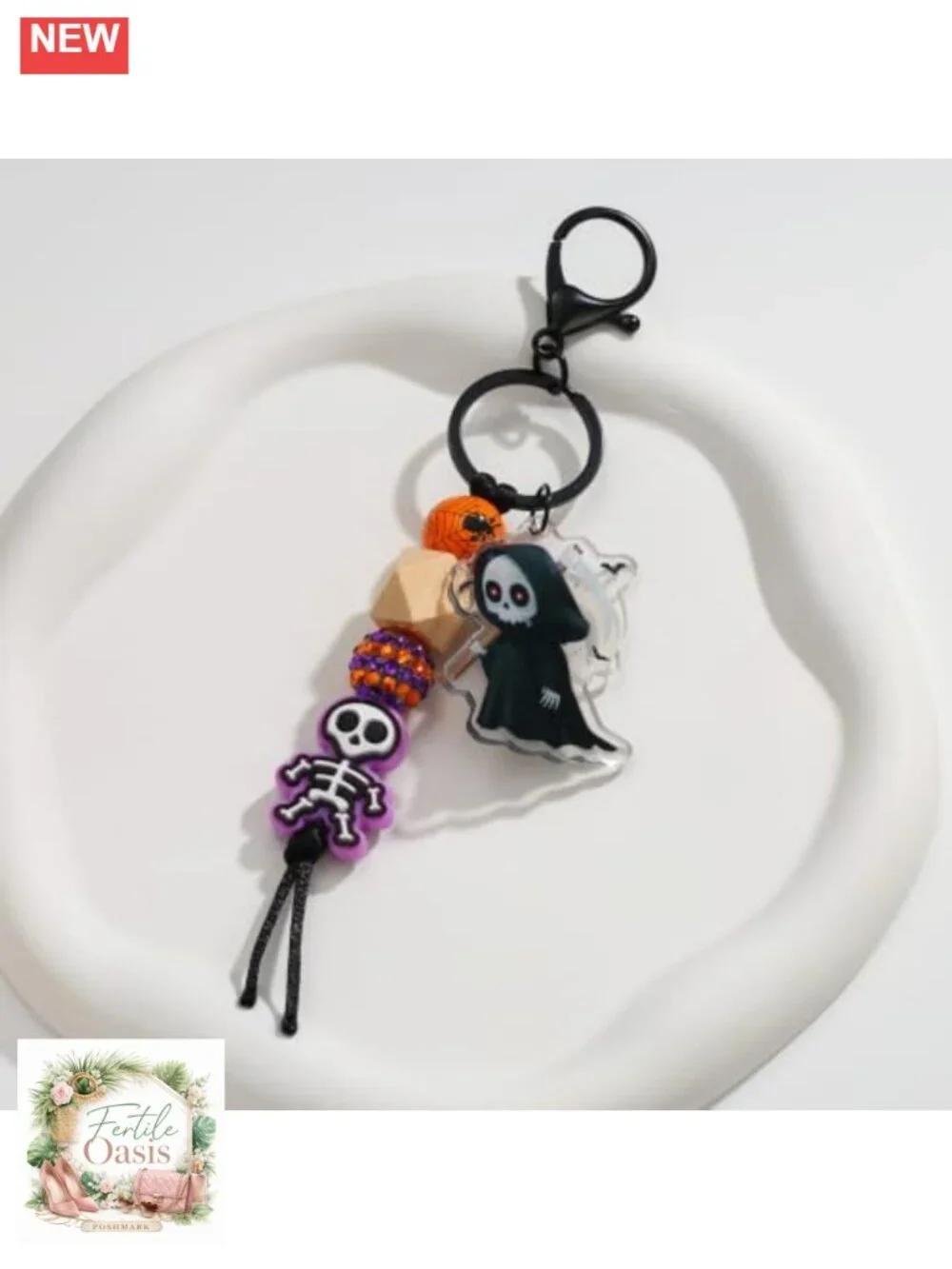 Halloween Keychain Beaded Bag Charm with Ghost Skeleton for Women Car Key Ring